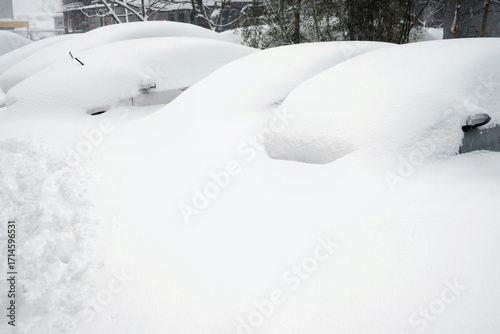 Parking lot with cars covered with fresh snow after snowfall