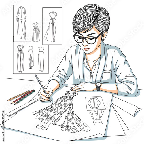 A fashion designer meticulously sketches a detailed gown on a large sheet of paper, surrounded by design sketches and art supplies.