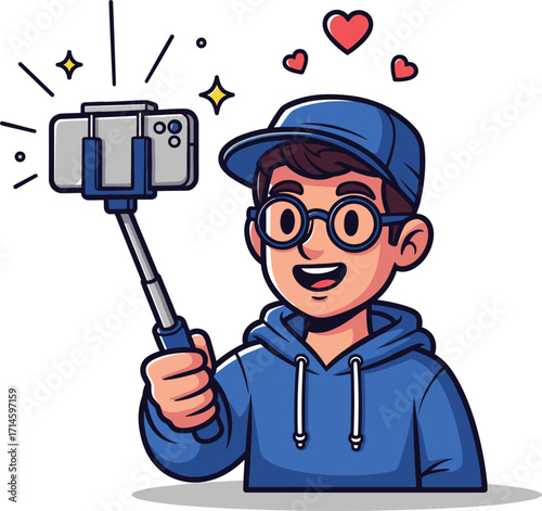 Young person with glasses and blue hoodie takes selfie with phone on stick