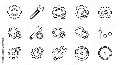 Gear settings and wrench repair tools vector icon set for engineering and maintenance applications design
