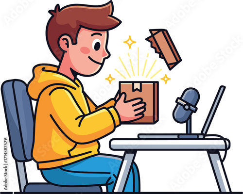 Young man unboxing a surprise gift while recording a video with a laptop and microphone