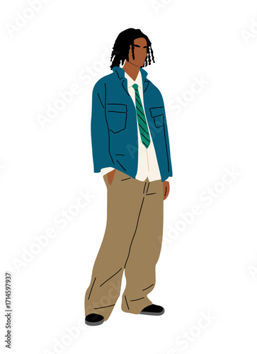 Vector illustration of young African American man with dreadlocks wearing modern smart casual outfit, standing full length, stylish urban fashion isolated on transparent background