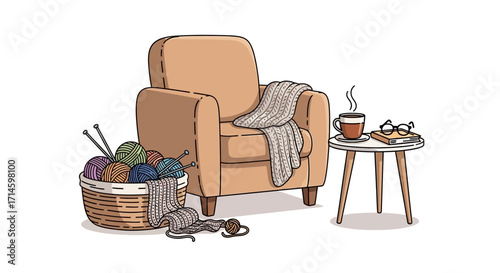 Cozy armchair scene with knitting supplies, warm drink, and book for relaxation and comfort
