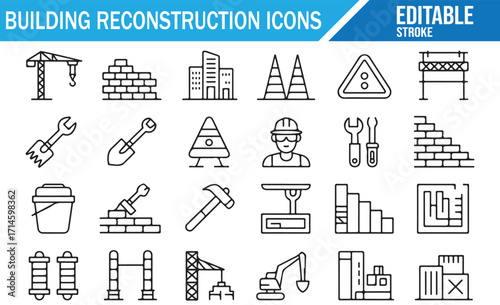 Minimal line style construction icons set with bricks, machinery, and architecture signs