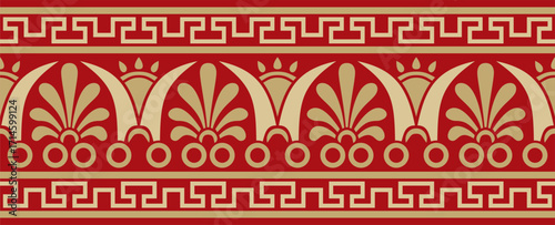 Vector gold and red classic seamless european national ornament. Ethnic pattern of the Romanesque peoples. Border, frame of ancient greece, roman empire.