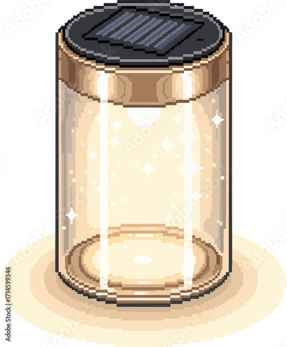Pixel art illustration of a glass jar with a solar panel lid, emitting a soft, glowing light.