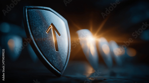Guardian Shield of Progress: A striking, metallic shield, etched with an upward arrow, stands resolute as a symbol of protection, strength.