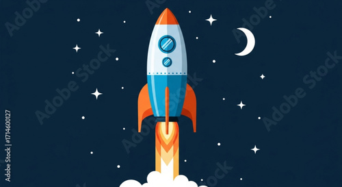 Rocket ship launch in space vector illustration for startup and innovation concept with stars and moon