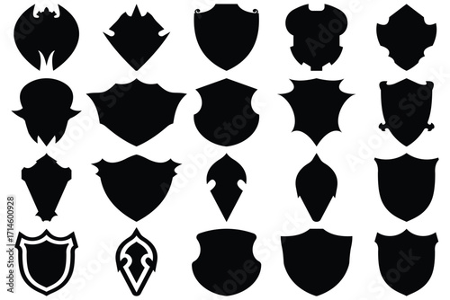 Black Shield Silhouette Icon Collection – Heraldic Badge and Security Emblem Set on Transparent Background
