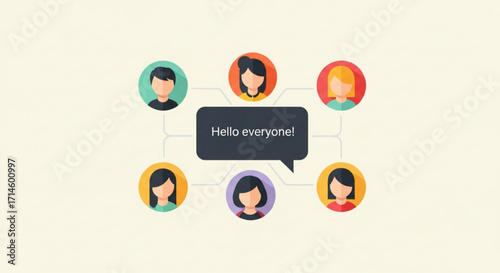 Social network communication concept with people avatars and speech bubble hello everyone illustration