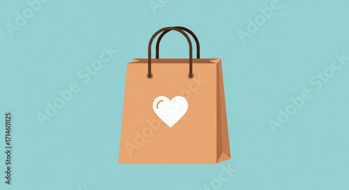 Brown paper shopping bag with heart logo for retail purchase and gift bag with handles concept vector
