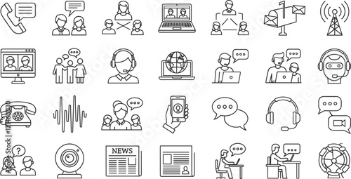 Communication and Technology Icons for Digital Connection and Information Sharing in Modern Times