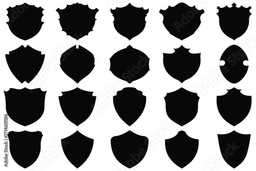 Black Shield Silhouette Icon Collection – Heraldic Badge and Security Emblem Set on Transparent Background