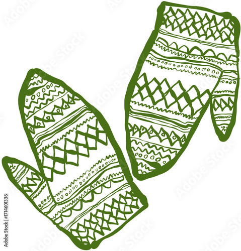 Hand drawn ink vector illustration. Christmas winter time themed. Winter gloves 