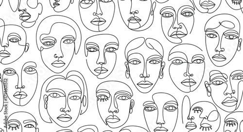 Abstract minimalist black and white line art faces pattern
