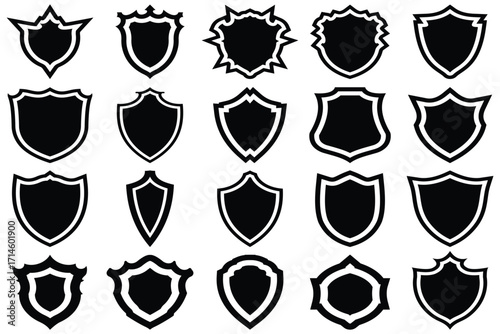 Black Shield Silhouette Icon Collection – Heraldic Badge and Security Emblem Set on Transparent Background