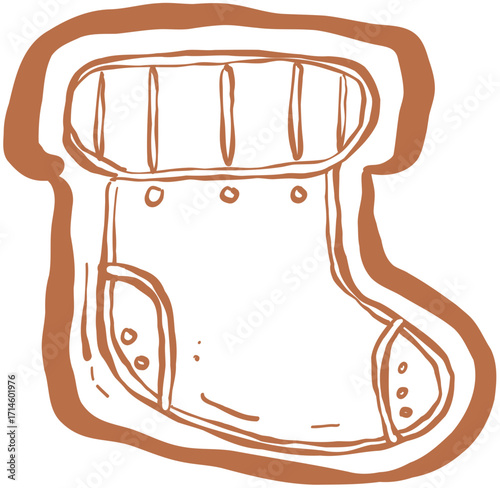 Hand drawn ink vector illustration. Christmas winter time themed. Gingerbread sock