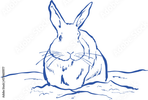 Hand drawn ink vector illustration. Christmas winter time themed. Rabbit on a snow