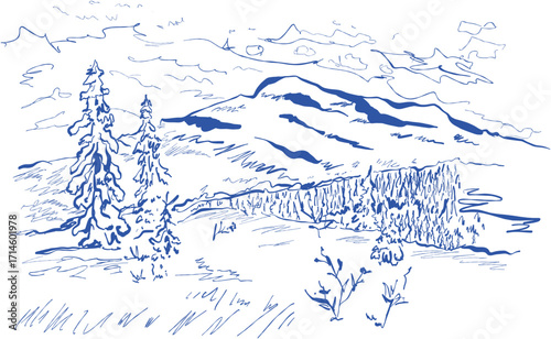 Hand drawn ink vector illustration. Christmas winter time themed. Winter snow landscape 