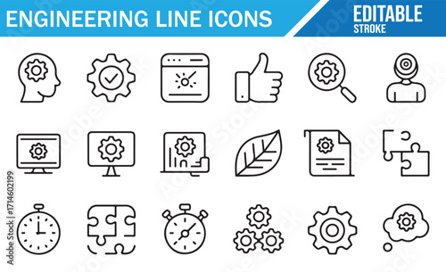 Editable stroke outline engineering icons with gears, process, stopwatch, and innovation tools