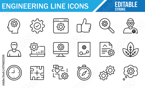 Editable stroke engineering line icons set with gears, process management, stopwatch, innovation, teamwork, puzzle pieces, growth, quality control, and technology in simple linear vector style