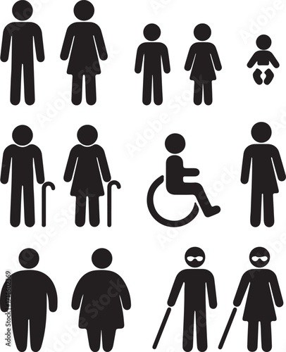 Bathroom and medical people symbols. People silhouette icon set. Bathroom gender signs and health conditions symbols. Adults and children, senior and disabled. Medical or navigation pictograms.
