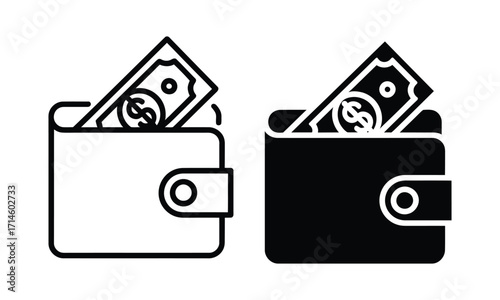 Stylized wallet icons with dollar bills on white background, symbolizing personal finance, savings, and monetary transactions