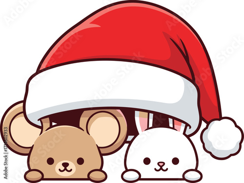 Cartoon animals under Santa hat — bear, rabbit, and mystery friend peeking out in cheerful Christmas-themed illustration with fluffy trim
