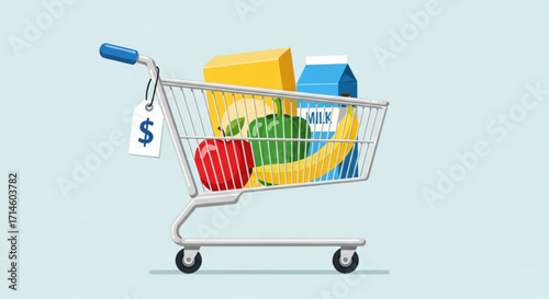 Grocery shopping cart with healthy food items vector illustration supermarket purchase full of fresh produce