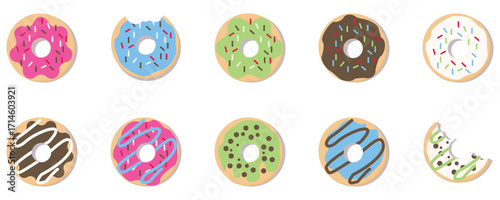 Set of delicious colorful cartoon donuts isolated on a white background. Top view of glazed donuts for cafe decoration or menu design. Cookies or biscuits for snacks.