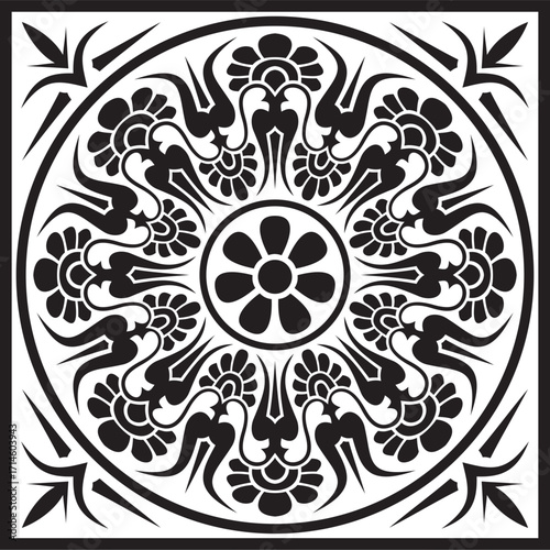 Vector black monochrome classic Greek square ornament. Rectangle of Ancient Greece and Roman Empire. Byzantine painting of walls, floors and ceilings. Decoration of European palaces.