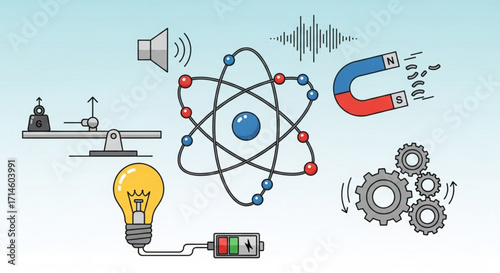 Illustration of physics concepts including atom, sound waves, light bulb, magnet, and gears diagram