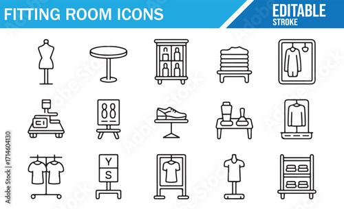 Line art fitting room icons with clothing display units, shelves, and garment holders