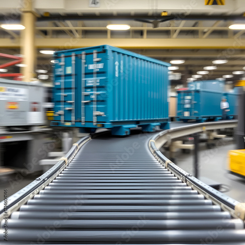 Transportation line conveyor roller with container in motion.