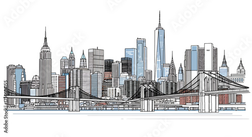 Vector illustration of New York skyline with Brooklyn Bridge and Manhattan skyscrapers in colorful style.