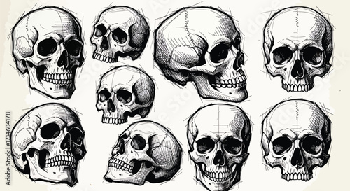 Vintage style anatomical drawing of human skulls in various angles, showcasing detailed bone structures for study, illustration, and medical reference.