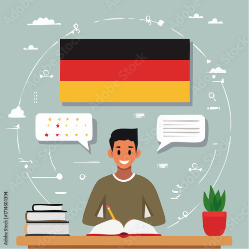 Young student sitting at a desk with an open book with german flag as a backgroud. Patriotism and celebrate german national day