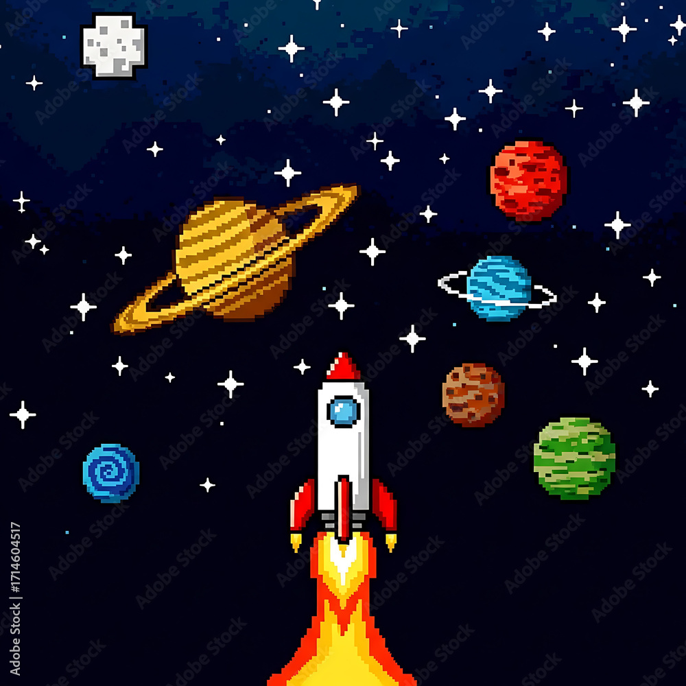 Naklejka premium Cartoon vector illustration of a rocket spaceship traveling near a planet and the moon in the night sky for space exploration