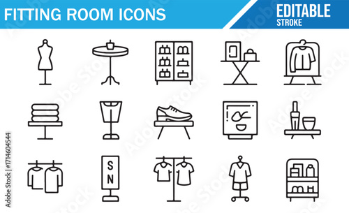 Vector set of fashion boutique icons showing racks, mirrors, folded garments, and decor