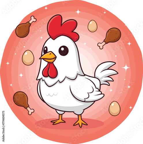 Cartoon chicken with eggs and drumsticks — humorous farm animal illustration in red sparkly circle highlighting food and agriculture symbolism