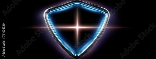 Bright blue shield emblem glowing against a dark background, symbolizing protection and security in digital spaces and technology