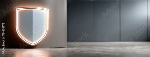 Modern shield emblem illuminated on a wall in a sleek, minimalistic interior space during the daytime
