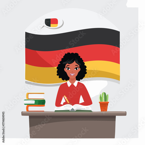 Young student sitting at a desk with an open book with german flag as a backgroud. Patriotism and celebrate german national day