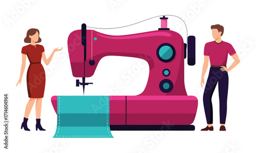 Stylized illustration of oversized pink sewing machine with teal fabric and two people, symbolizing fashion teamwork and garment creation