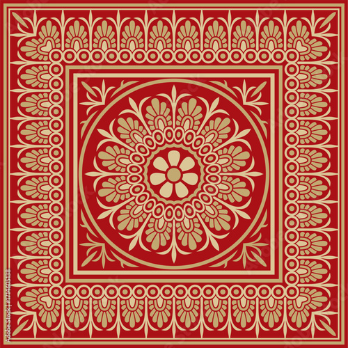 Vector gold with red classic Greek square ornament. Rectangle of Ancient Greece and Roman Empire. Byzantine painting of walls, floors and ceilings. Decoration of European palaces.