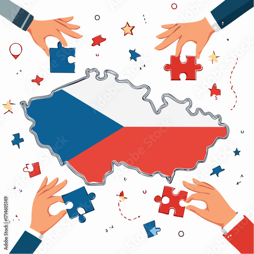 Stylized map of the Czech Republic adorned with the national flag, surrounding hand puzzle flag color