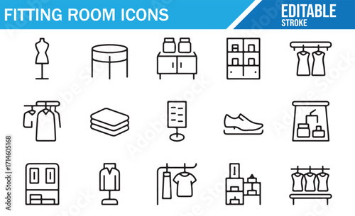 Minimal line style vector icons set of fitting room furniture, mirrors, and garment displays