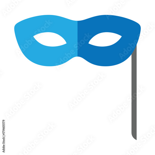 Stylized blue masquerade mask with dual-tone design and holding stick, symbolizing anonymity, festivity, and theatrical costume themes