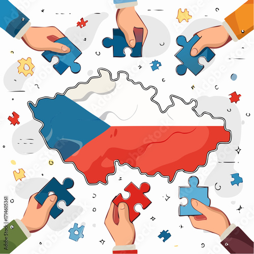 Stylized map of the Czech Republic adorned with the national flag, surrounding hand puzzle flag color