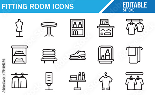 Editable stroke fitting room icons set with mannequin, clothes rack, shoes, folded garments, hangers, mirrors, shelves, and tables in simple linear vector style for fashion and retail design